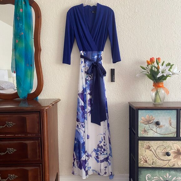 New Chetta B Maxi Dress 6 / 8 Watercolor Floral Navy Blue Winter White Gown NWT - Picture 3 of 13